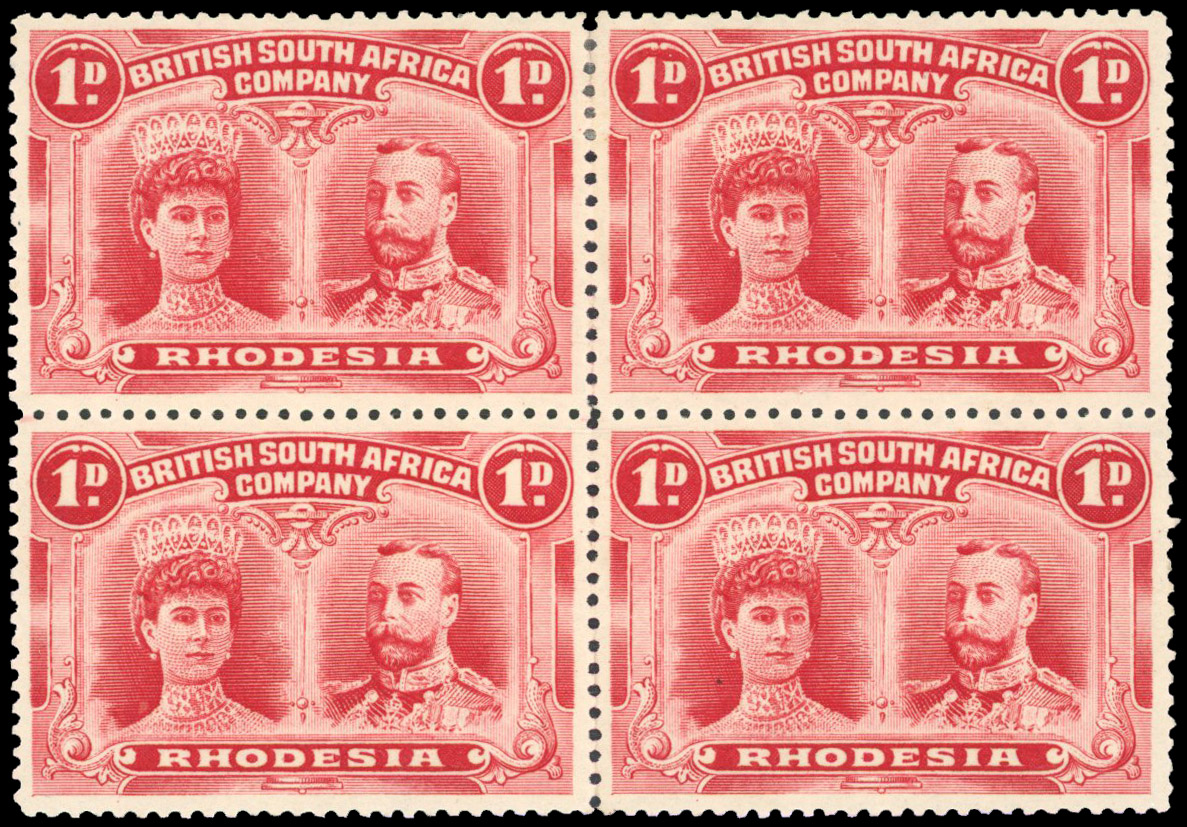 Rhodesia 1910-13 1d rose-red perf 14 block of 4
