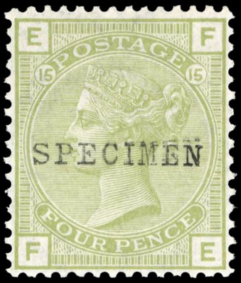 GB 1873-80 4d sage-green, Pl. 15 (FE), optd SPECIMEN Type 9, SG 153s
