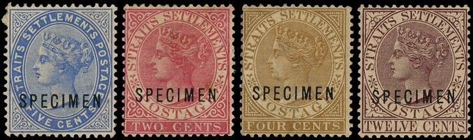 1883 2c, 4c, 5c and 12c watermark Crown CA set of four overprinted SPECIMEN Type D4.  Very toned o.g. and with variable...