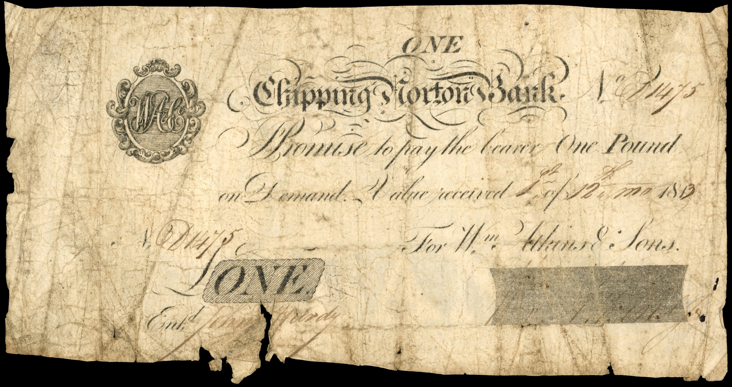 CHIPPING NORTON, Chipping Norton Bank, for Wm. Atkins & Sons, £1.,1st. of the 12th. month 1813, signed W Atkin…