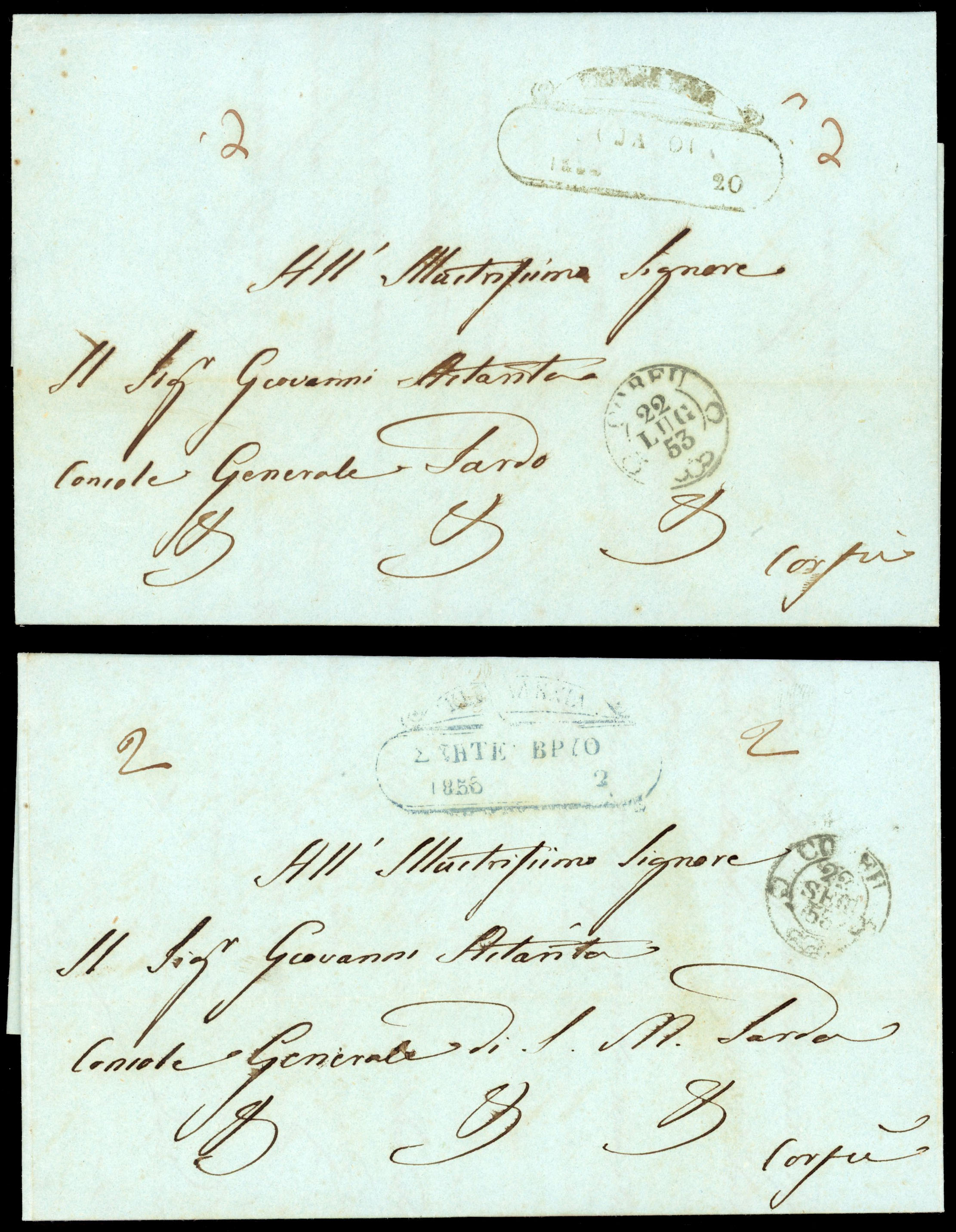 Greece 1849-53 'Vice Consolato di Sardegna in Cefalonia' stampless entires