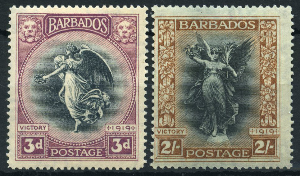 1920 Victory 3d with watermark inverted, and 2/- with watermark Crown to left of CA, u/m. The 2/- centred right. SG 206w,...