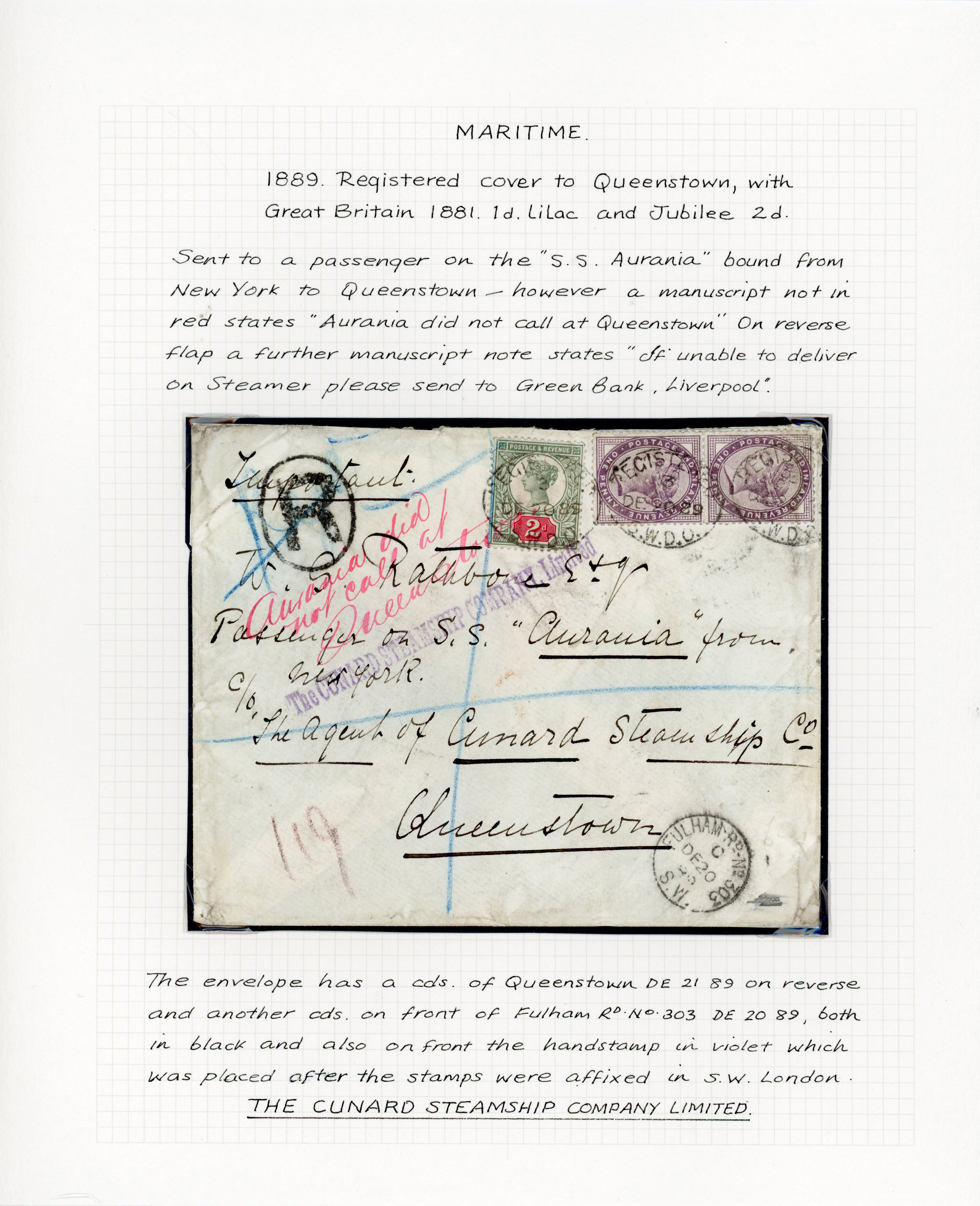 GB 1889 registered cover to Cunard liner passenger