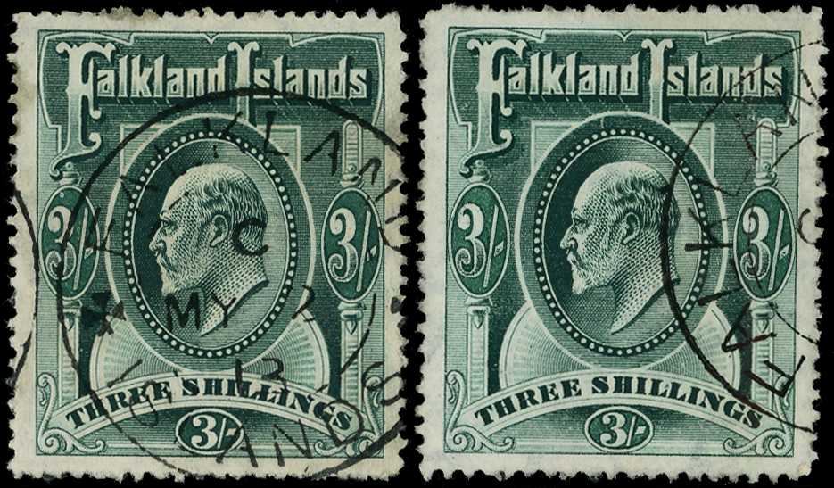 1904 3/- green, two used examples. One with...