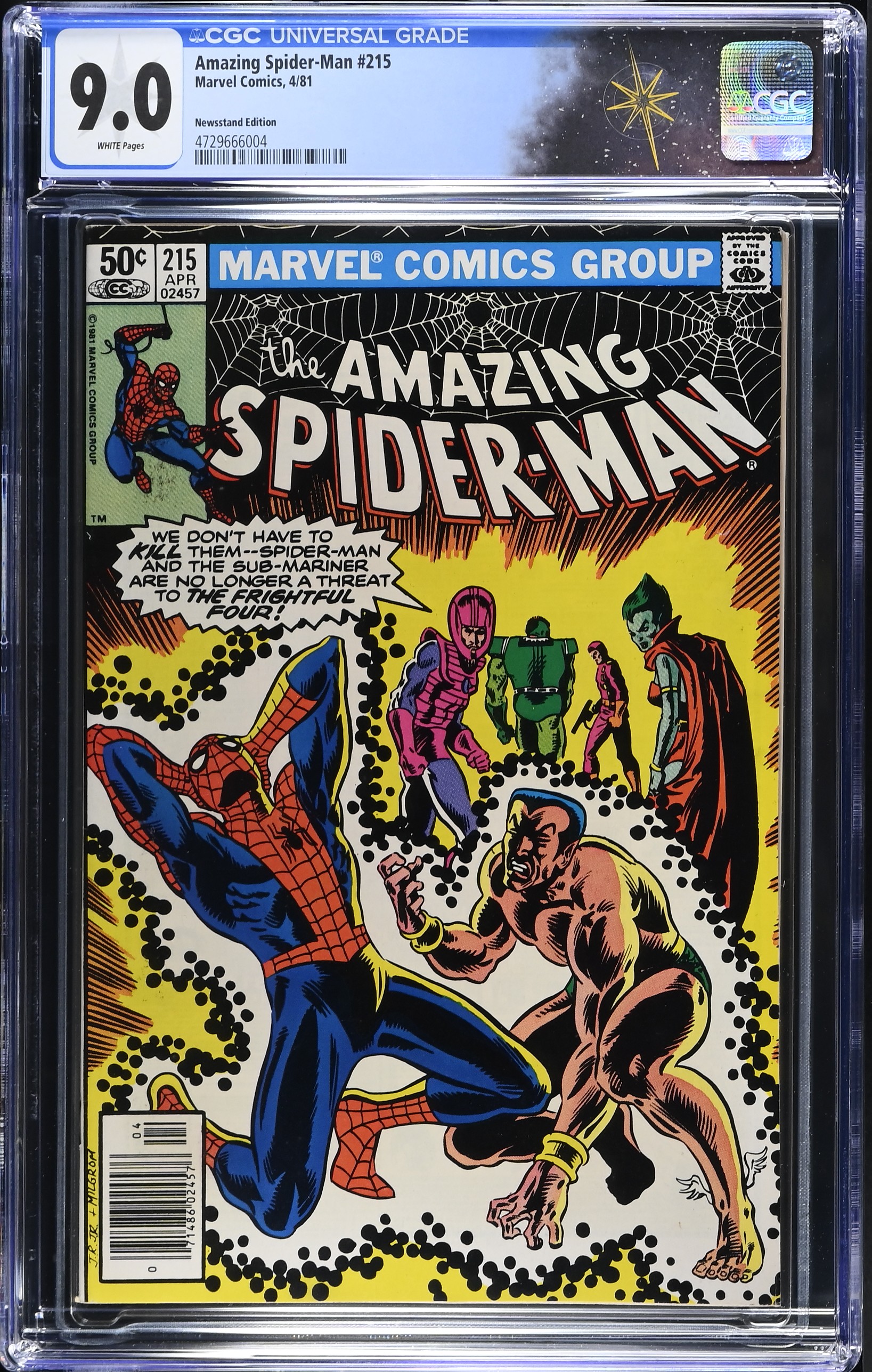 Amazing Spider-Man #215 CGC 9.0 Cover by John Romita Jr. Newsstand Edition (Marvel Comics, 1981) White Pages