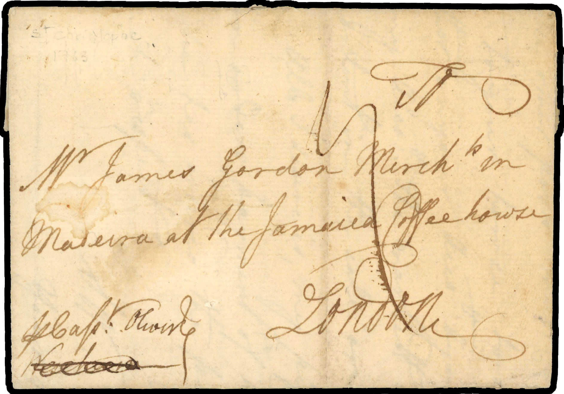 1763 pre-stamp entire to London, Jamaica Coffee house, London, rated ‘1/-’ the contents discussing madeira wine.