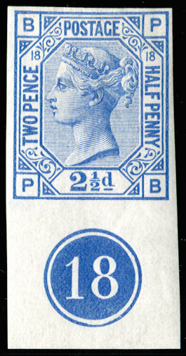 Great Britain 1880 2½d Blue Pl.18. Very fine unused o.g. bottom marginal imperforate imprimatur lettered PB showin…