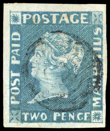 Mauritius 1848-59 'POST PAID' 2d blue on grey paper, early impression, SG 8