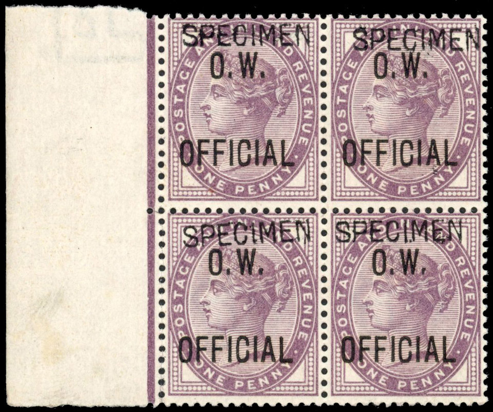 GB Official SG 033s 1d lilac 'SPECIMEN' block of four