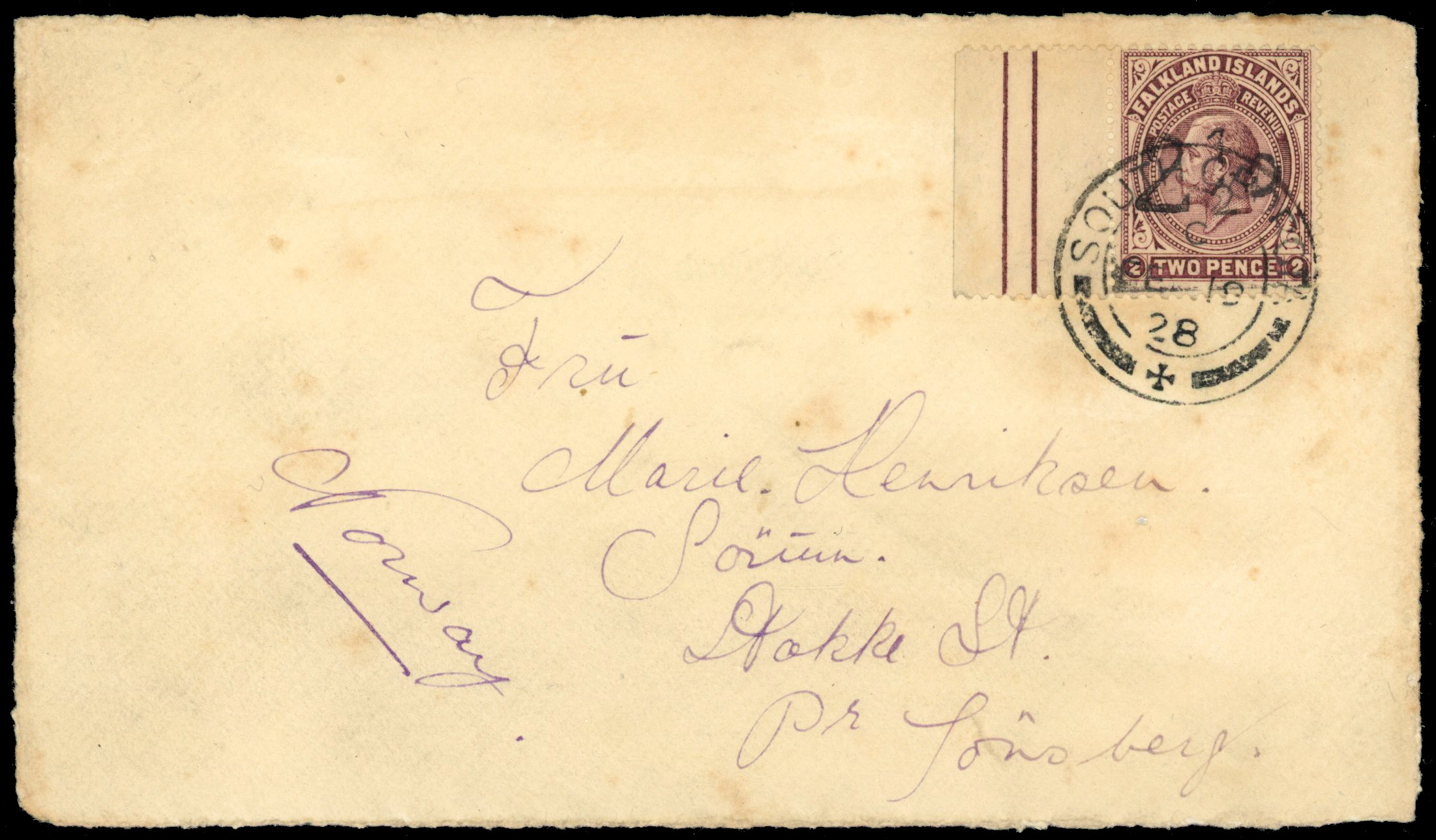 Falkland Islands 1928 South Georgia provisional on commercial front 