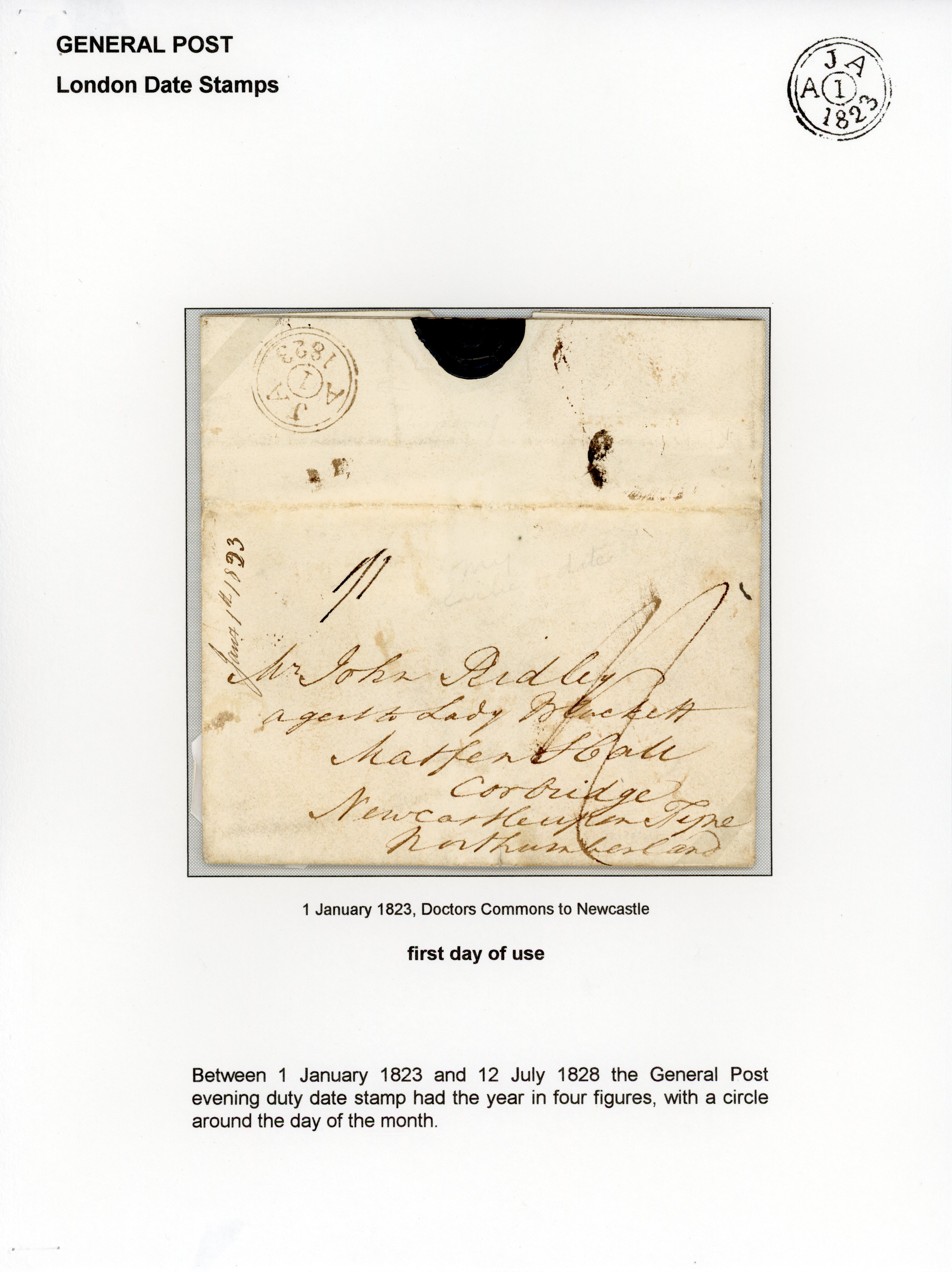 1823 pre-stamp entire bearing a fine strike of a double ring evening duty mark first day use