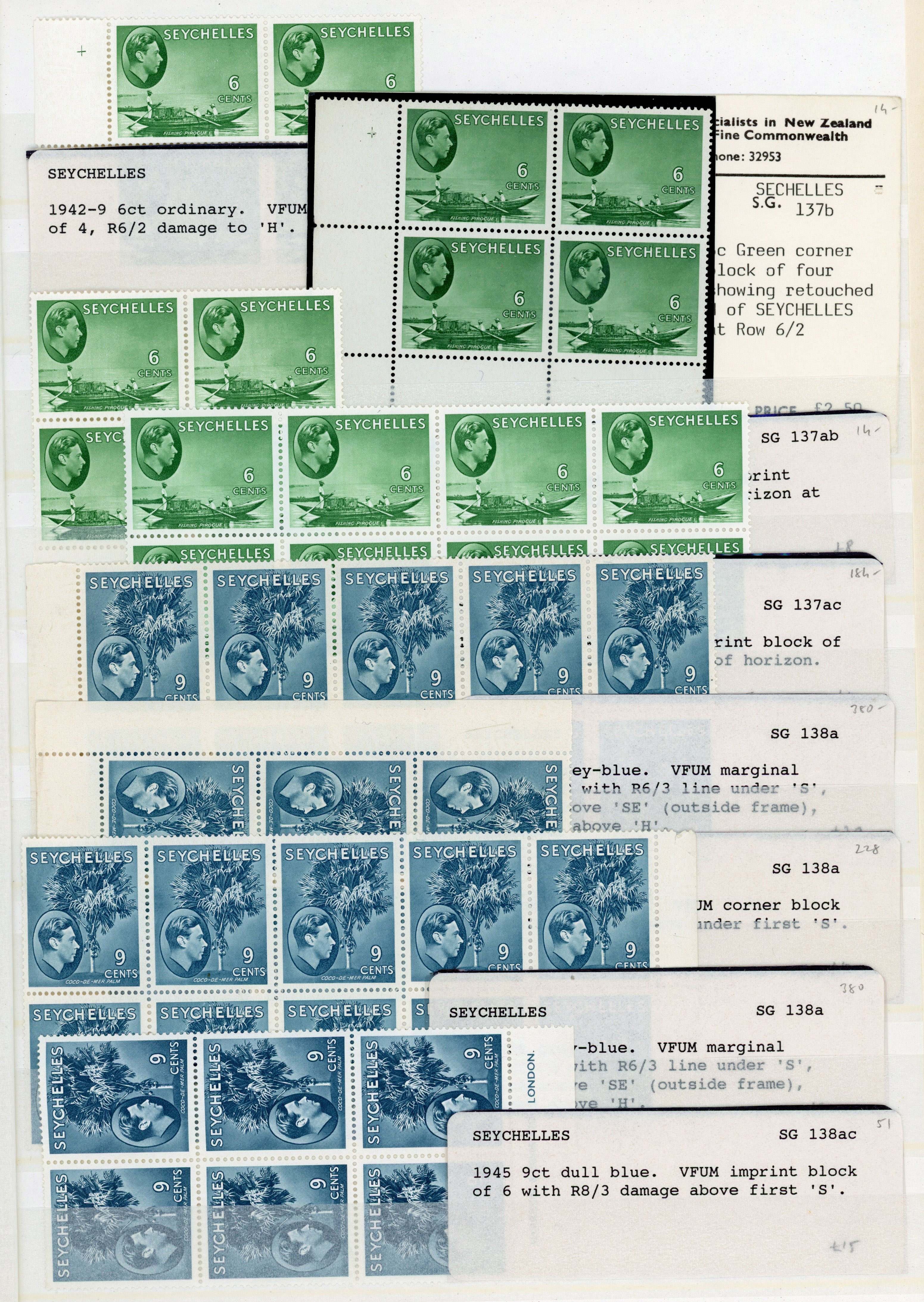 Seychelles SG 137b/144b vars blocks mint