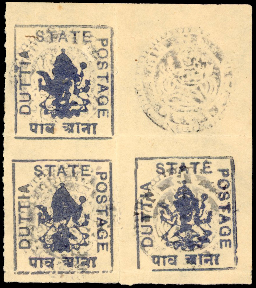 I.F.S. Duttia SG 38var ¼a blue in block of four, missing cliché with handstamp unused