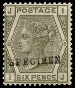 1882 6d Grey Pl.18. Very fine unmounted o.g. example lettered IJ, overprinted "SPECIMEN" type 9. Spec...