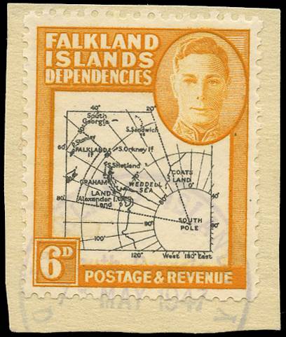 FALKLAND IS DEPS SG G6b 1946-49 Thick map 6d, variety "Missing I", used on piece