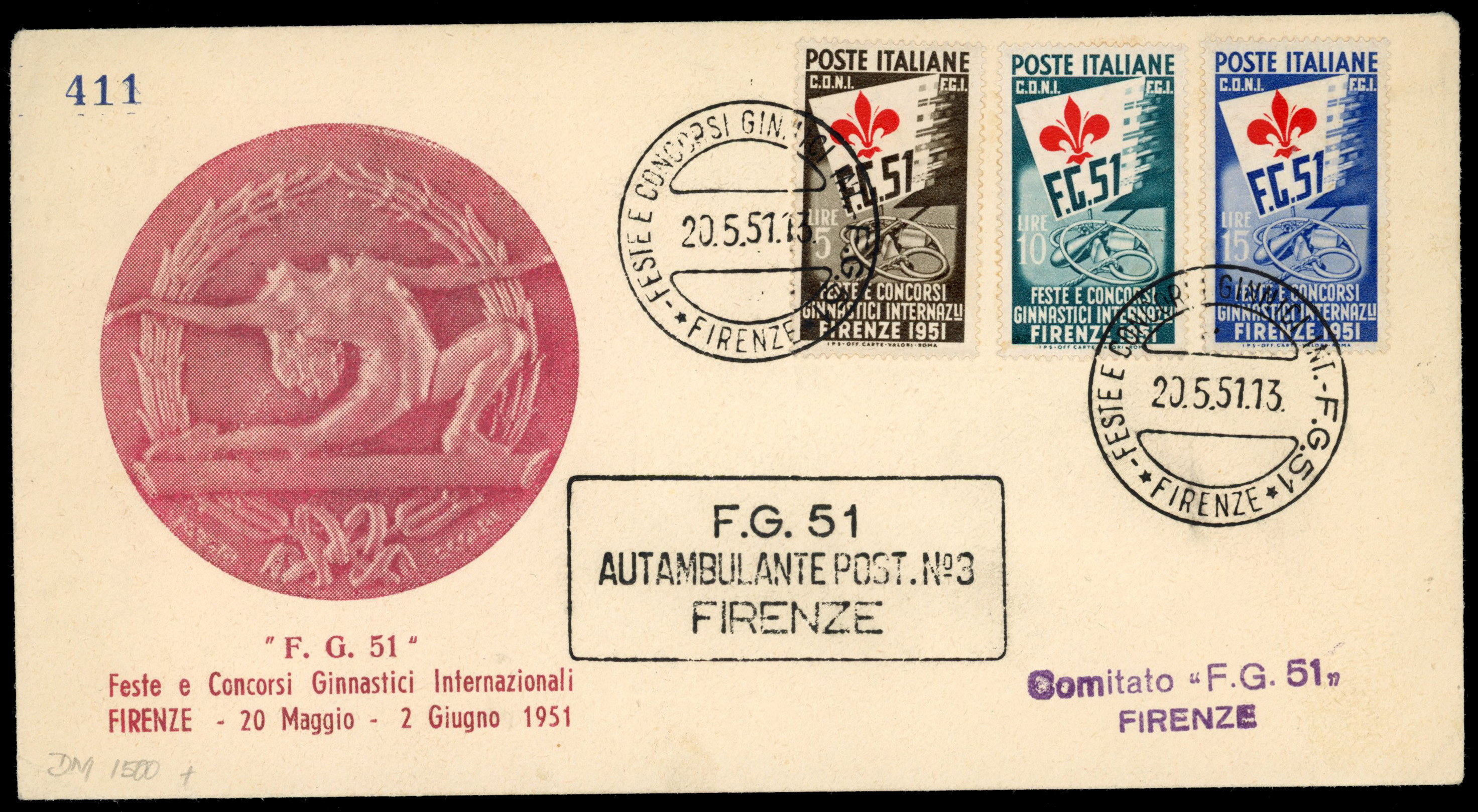 Italy 1951 Gymnastics World championships set of 3 illustrated cover