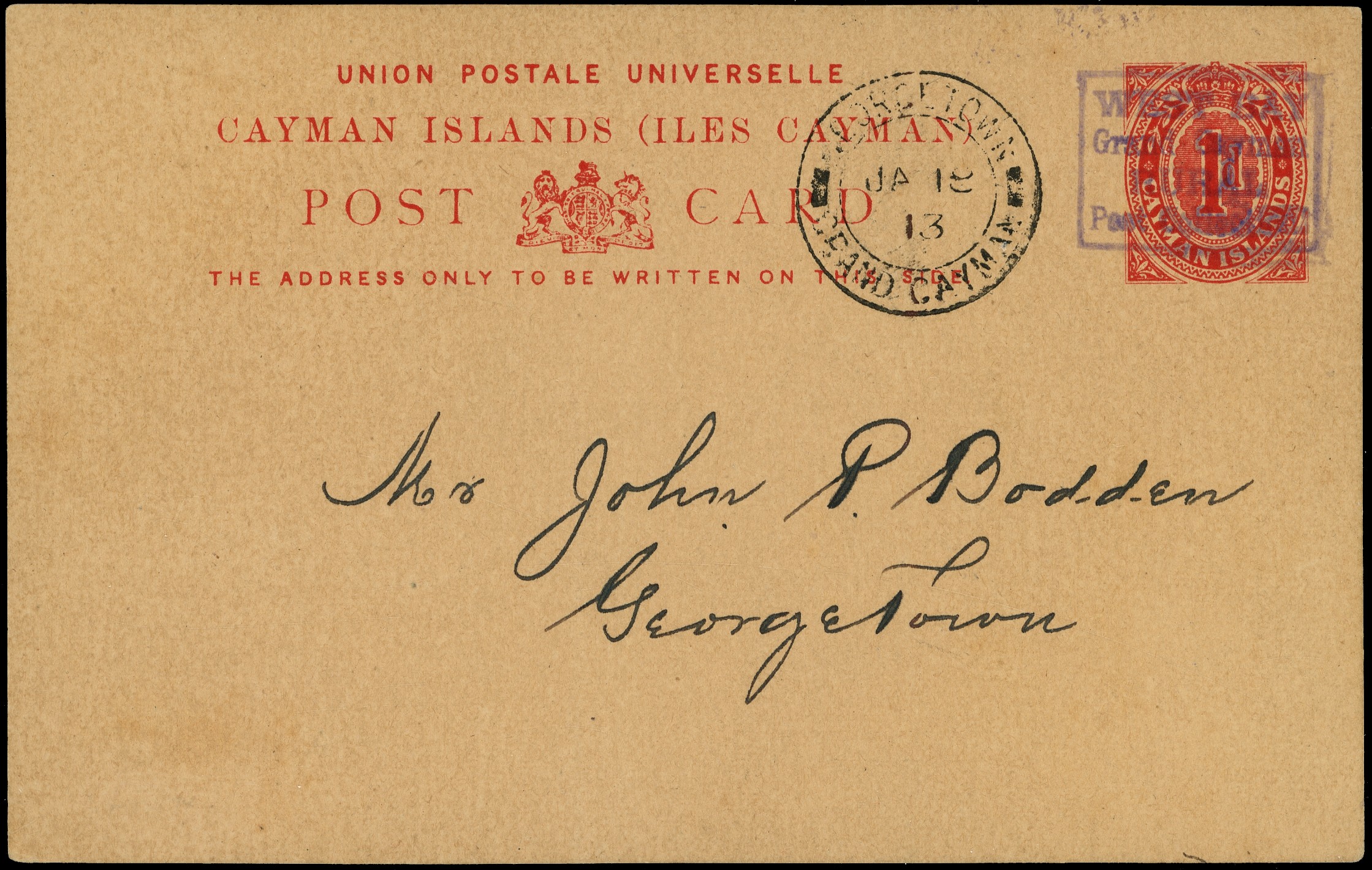 Caymans postal stationery card with West Bay...