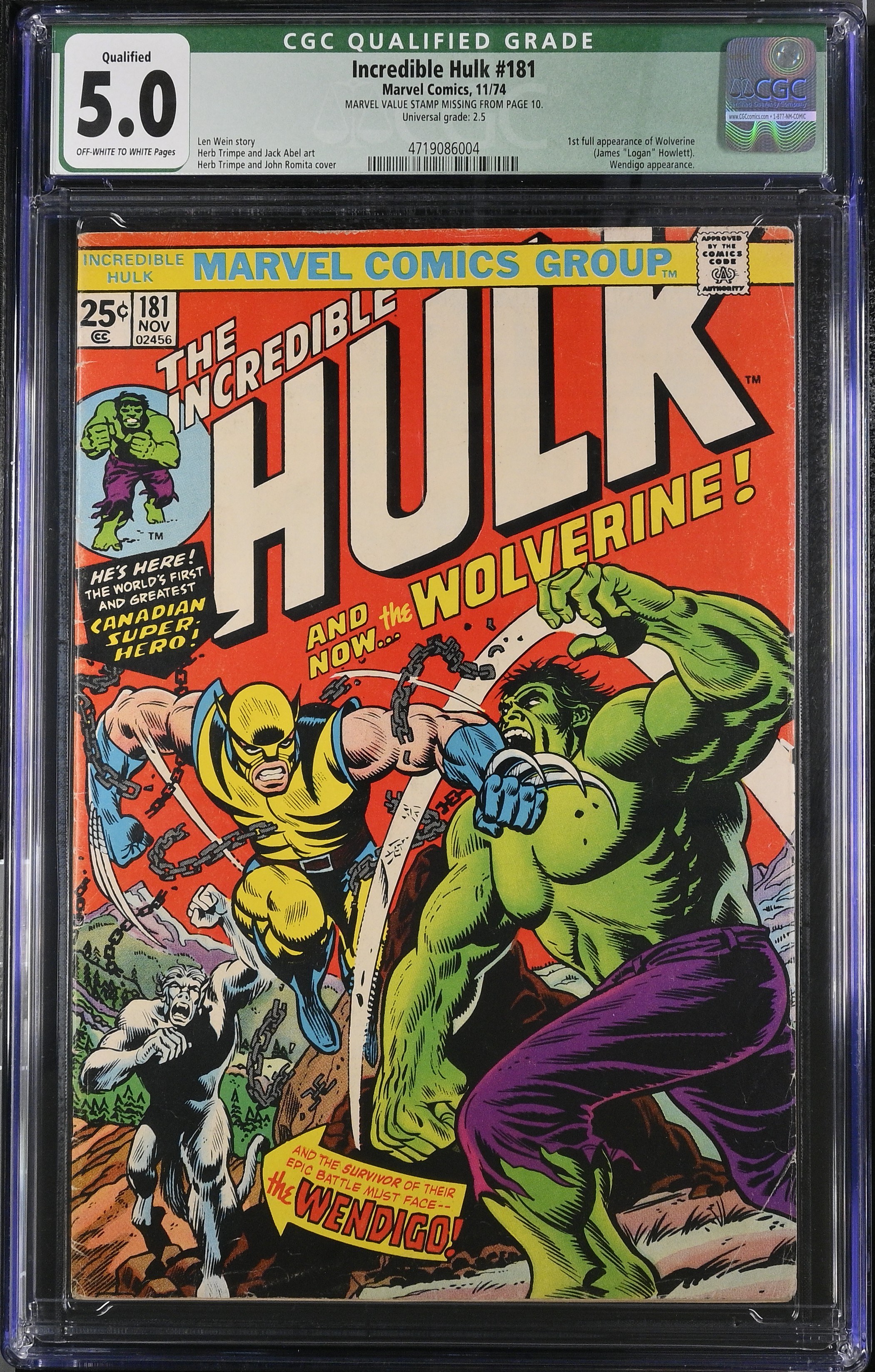 Incredible Hulk #181 CGC 5.0 Qualified 1st Full Appearance of Wolverine (Marvel Comics, 1974) Off-White to White Pages
