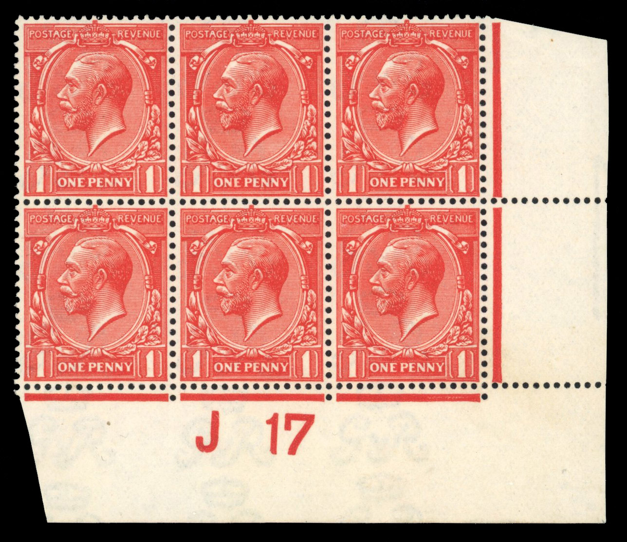 GB: 1912-24 1d scarlet-vermilion, mint unmounted o.g. control J17 block of six