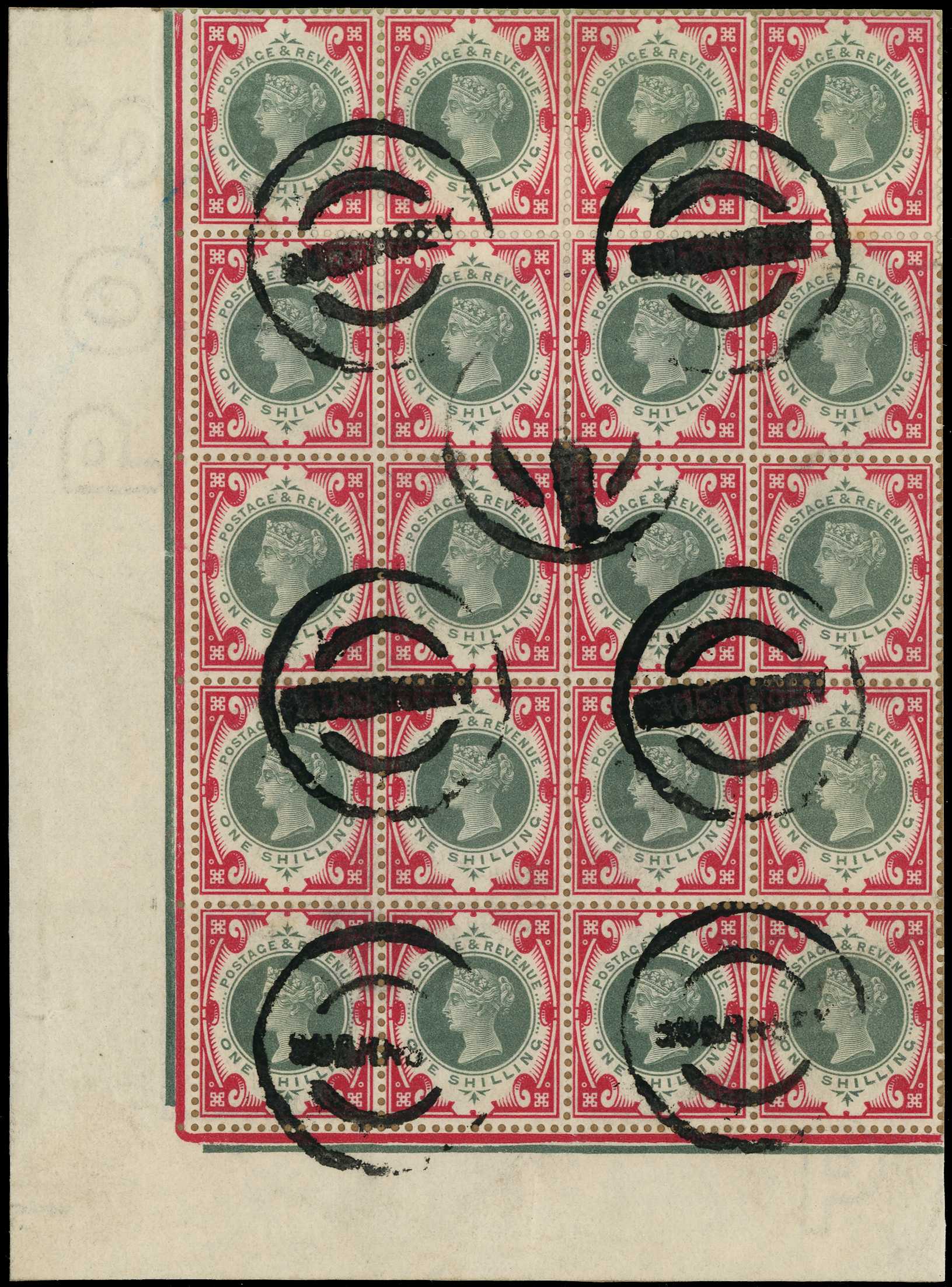 Postmarks. 1900 1/- green and carmine lower...