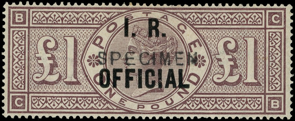 GB: 1885 £1 brown-lilac I.R. OFFICIAL overprint, lettered ‘CB’ overprinted “SPECIMEN” SG...