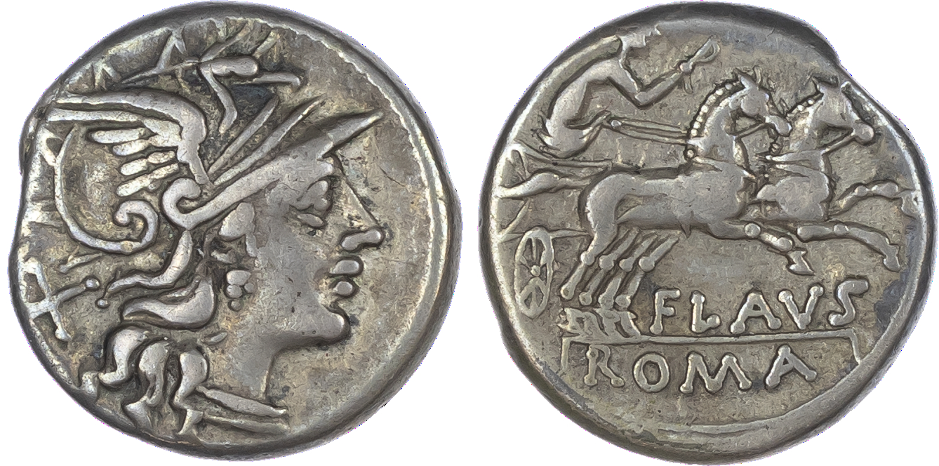 Decimius Flavus (150 BC) AR Denarius, Rome, 3.69g. Helmeted head of Roma facing right, X (mark of value) behind. Rev. Diana