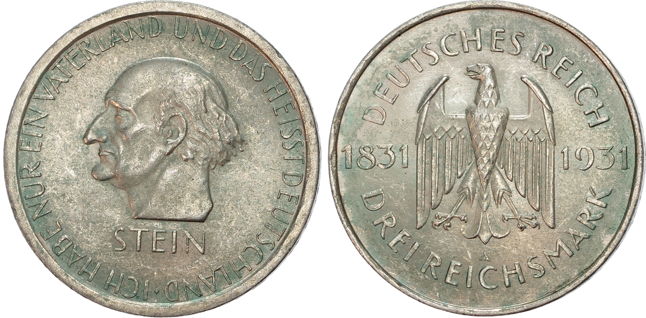 Germany, Weimar Republic (1913-1933), 100th Anniversary of the Death of Heinrich vom Stein, silver 3 Reichsmark.
