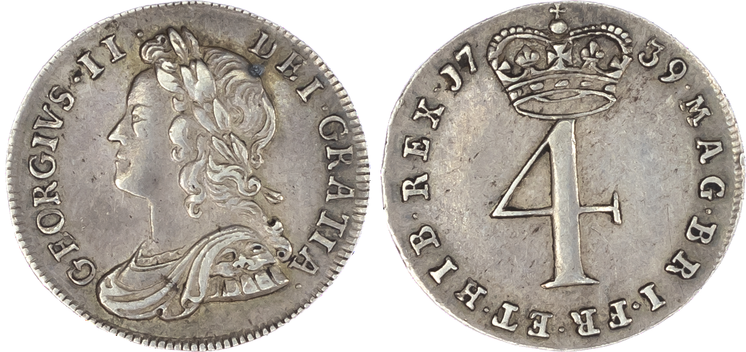 George II (1727-60), Maundy Set, 1739, Fourpence, Threepence, Twopence, Penny, young laureate bust left, toothed border