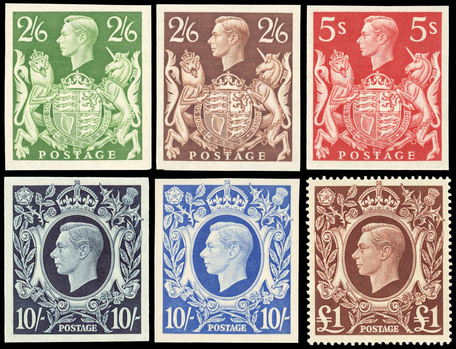 Great Britain 1939 2s6d-£1 "Arms" High Values, Set of Six, BPMA Imprimatur, SG 476/8c