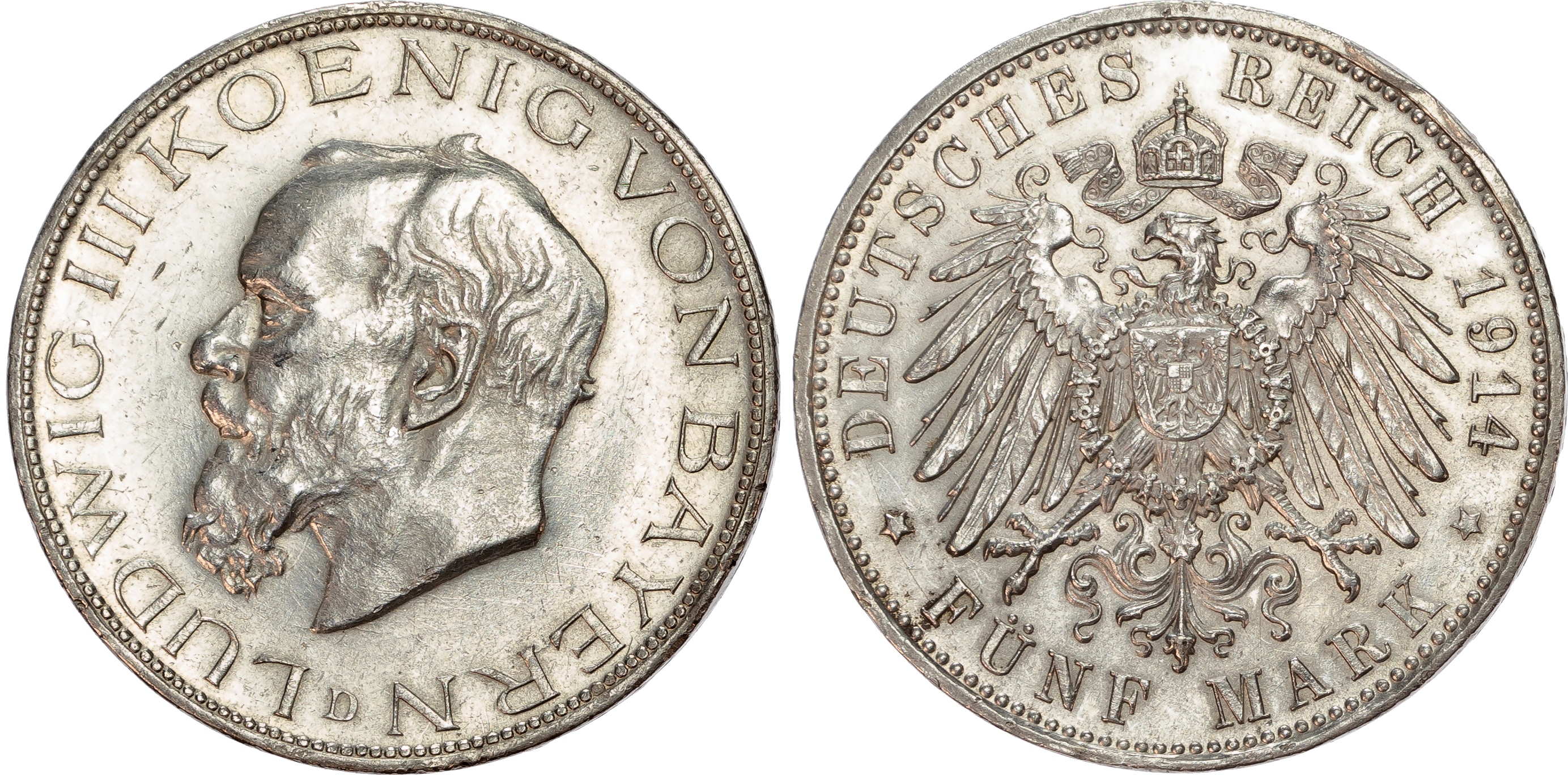 Germany, Bayern, Ludwig III (1913-1918), silver 5 Marks.