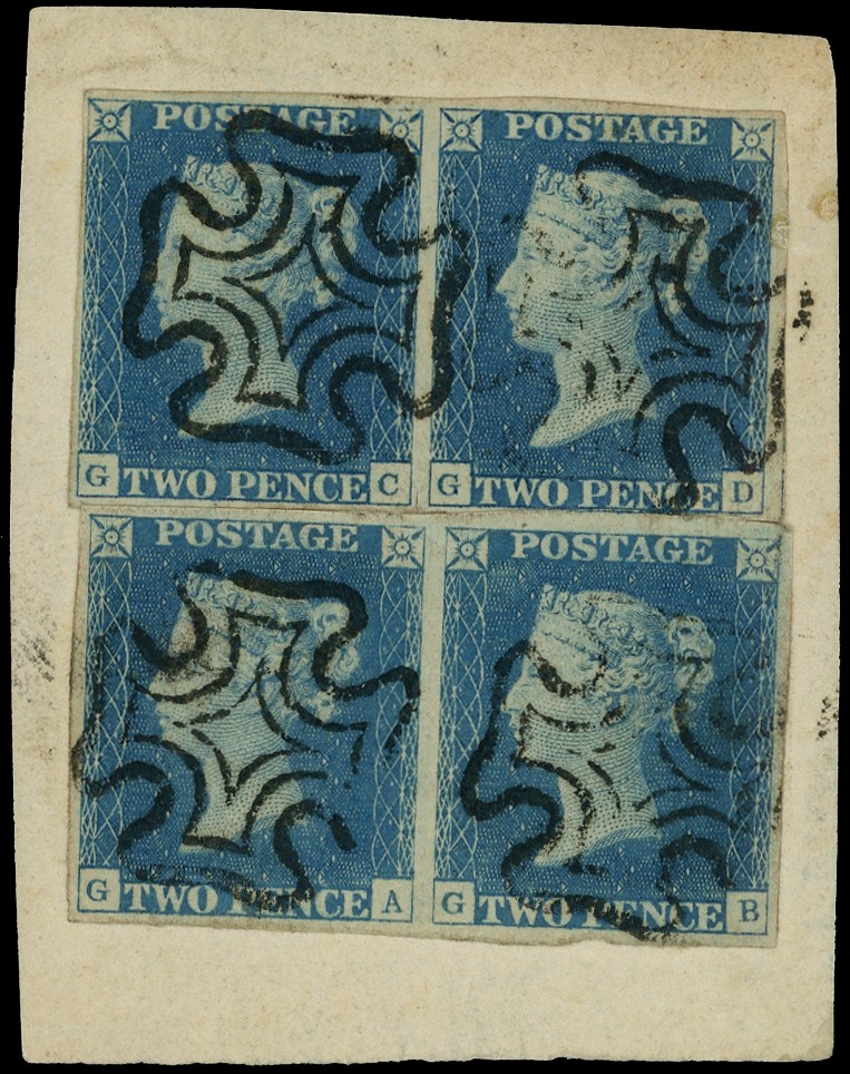 1840 2d blue plate 1, two horizontal pairs (GC-GD and...