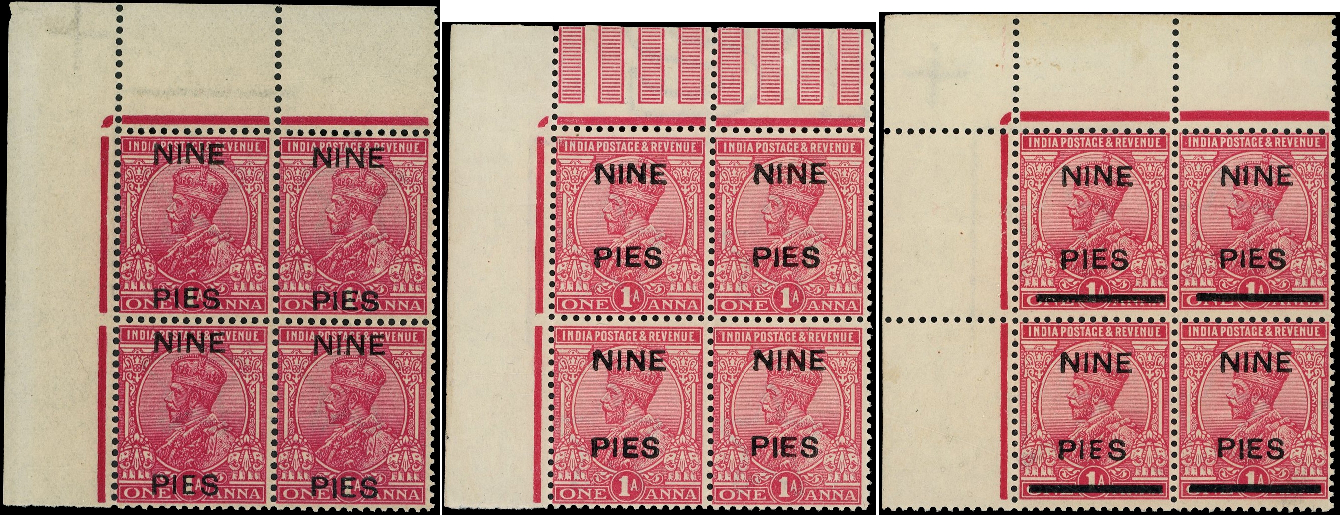 India SG 192/4var NINE PIES ESSAYS in blocks of four 