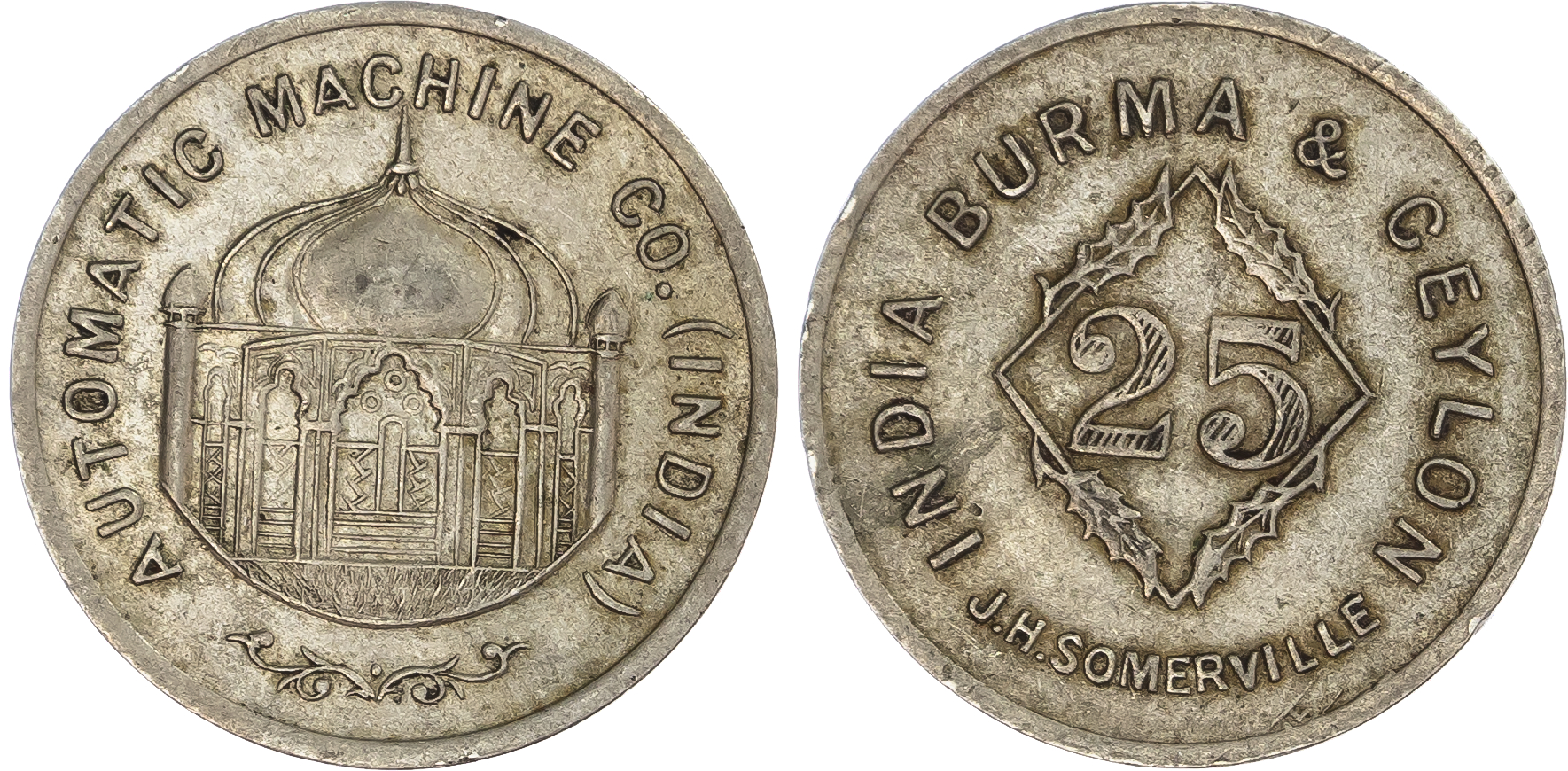 India, Burma & Ceylon. J.H. Somerville CuNi 25 Paisa Machine Token. 1928-1942.