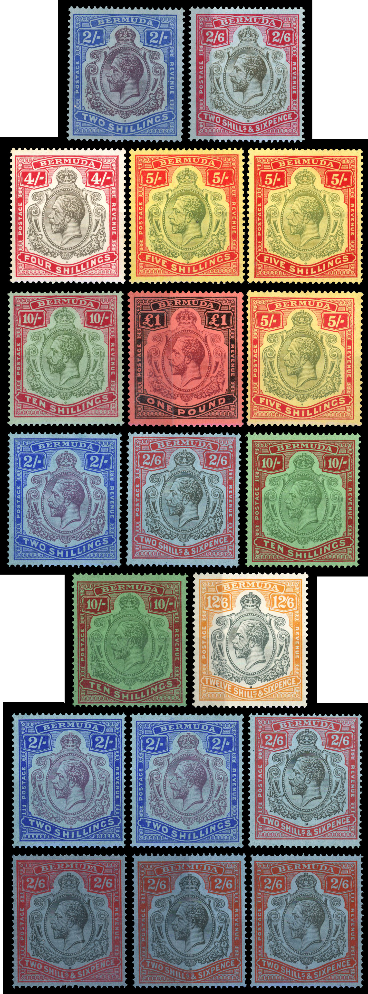 BERMUDA: Mint keyplates on card including 1918 2s, 2s6d, 4s and 5s nick in top right scroll varieties, 5s, 10s and £1, 1924
