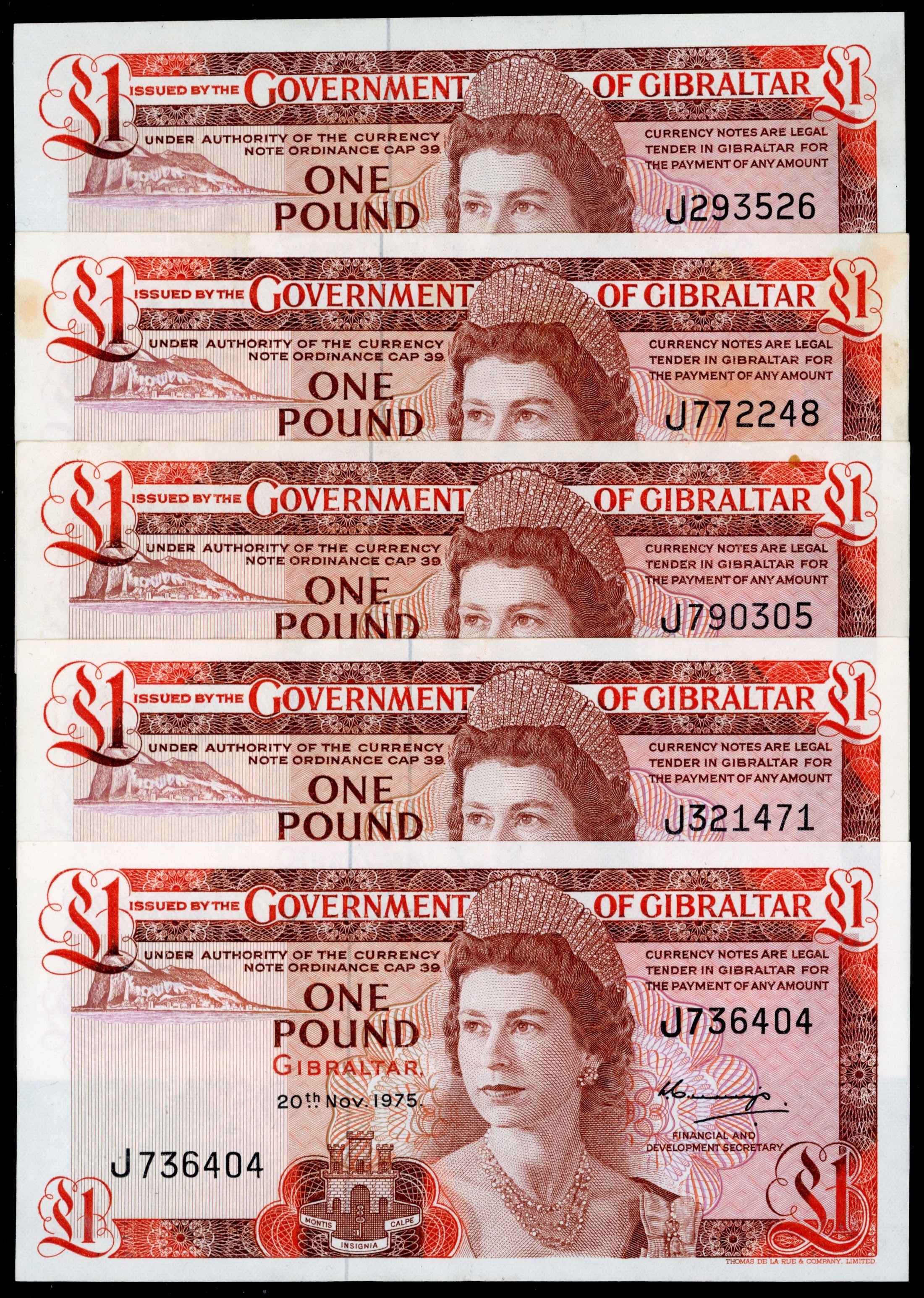 Gibraltar, Government, 20 November 1975, One Pound, A Collings, J321471, J790305, J736404, J772248, F293526, (…