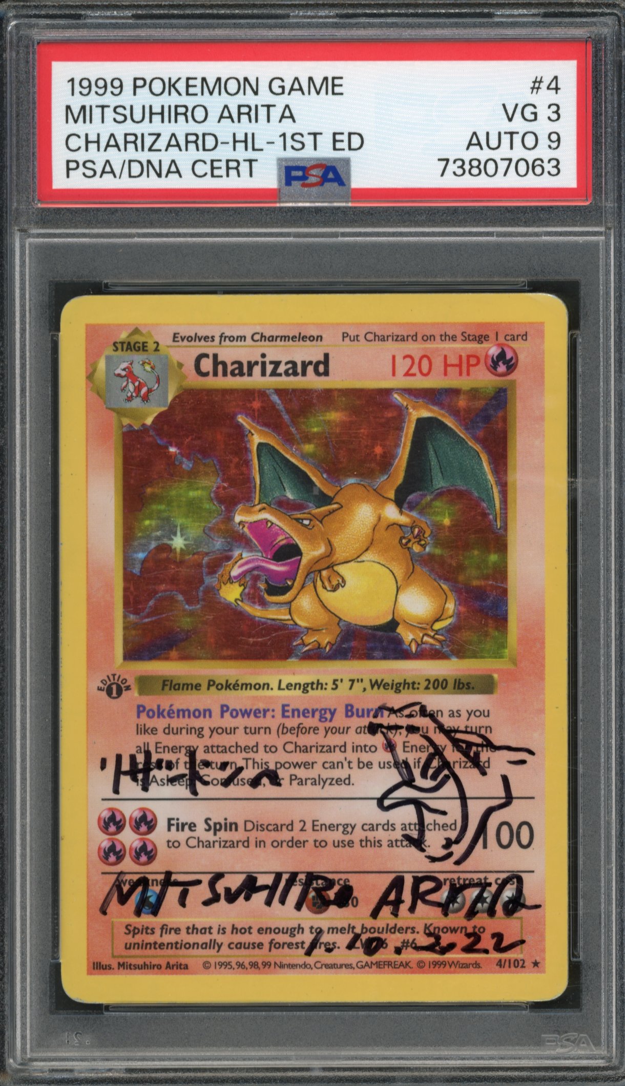 PSA Charizard 1st Edition Base Set Signed/Sketch by Mitsuhiro Arita - Authentic PSA/DNA Cert