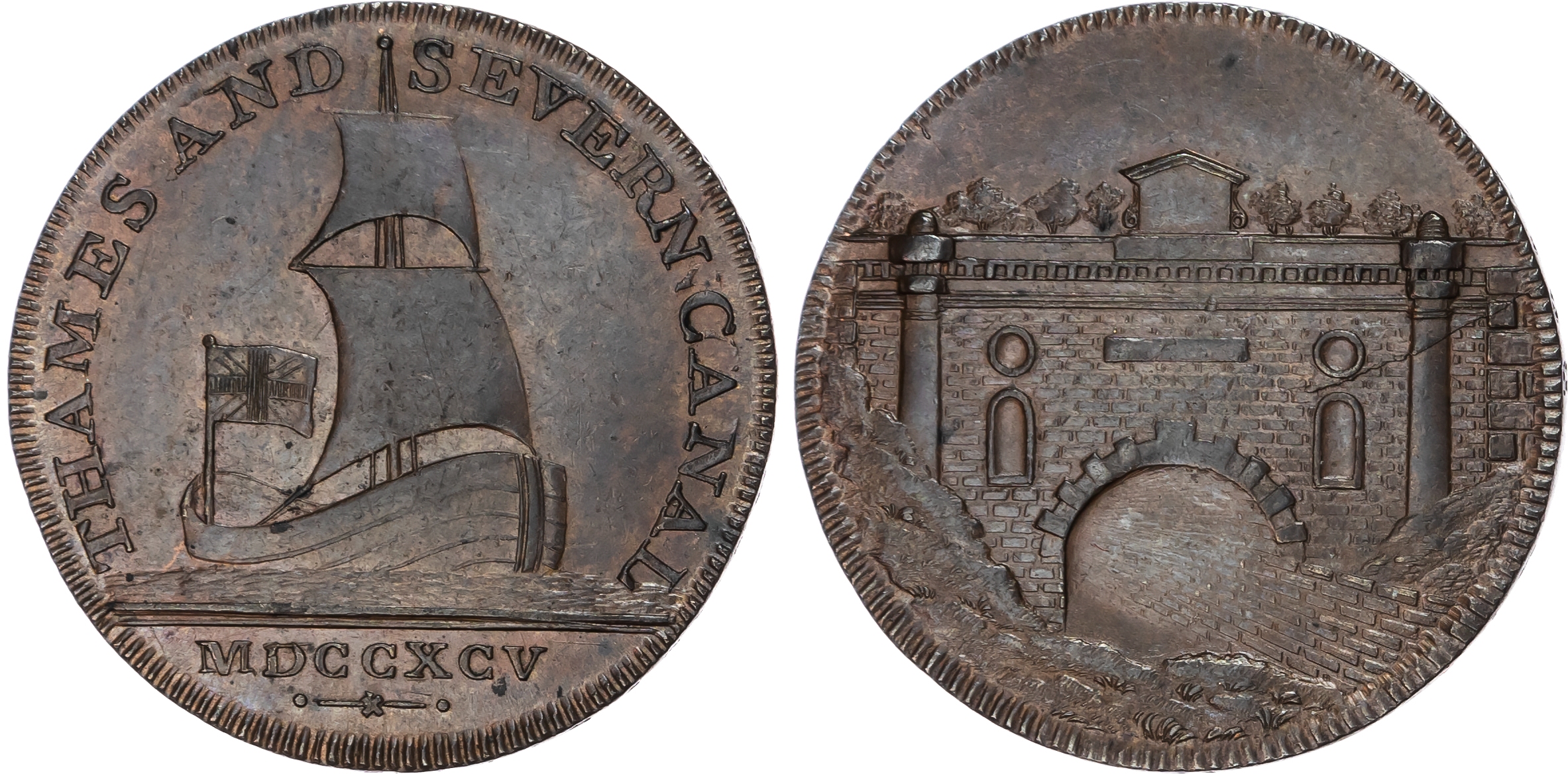 Glos. Brimscombe Port, Thames and Severn Canal Co. Halfpenny 1795, Sailingbarge, rev . View of Sapperton canal…
