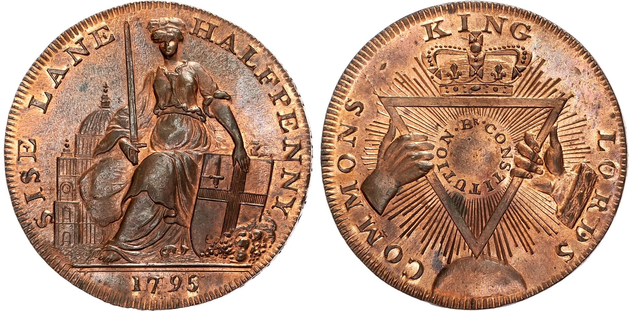 London, Bucklersbury , Thomas & Robert Davidson (pocketbook makers and sellers), Halfpenny 1795, Londinia seated with St …