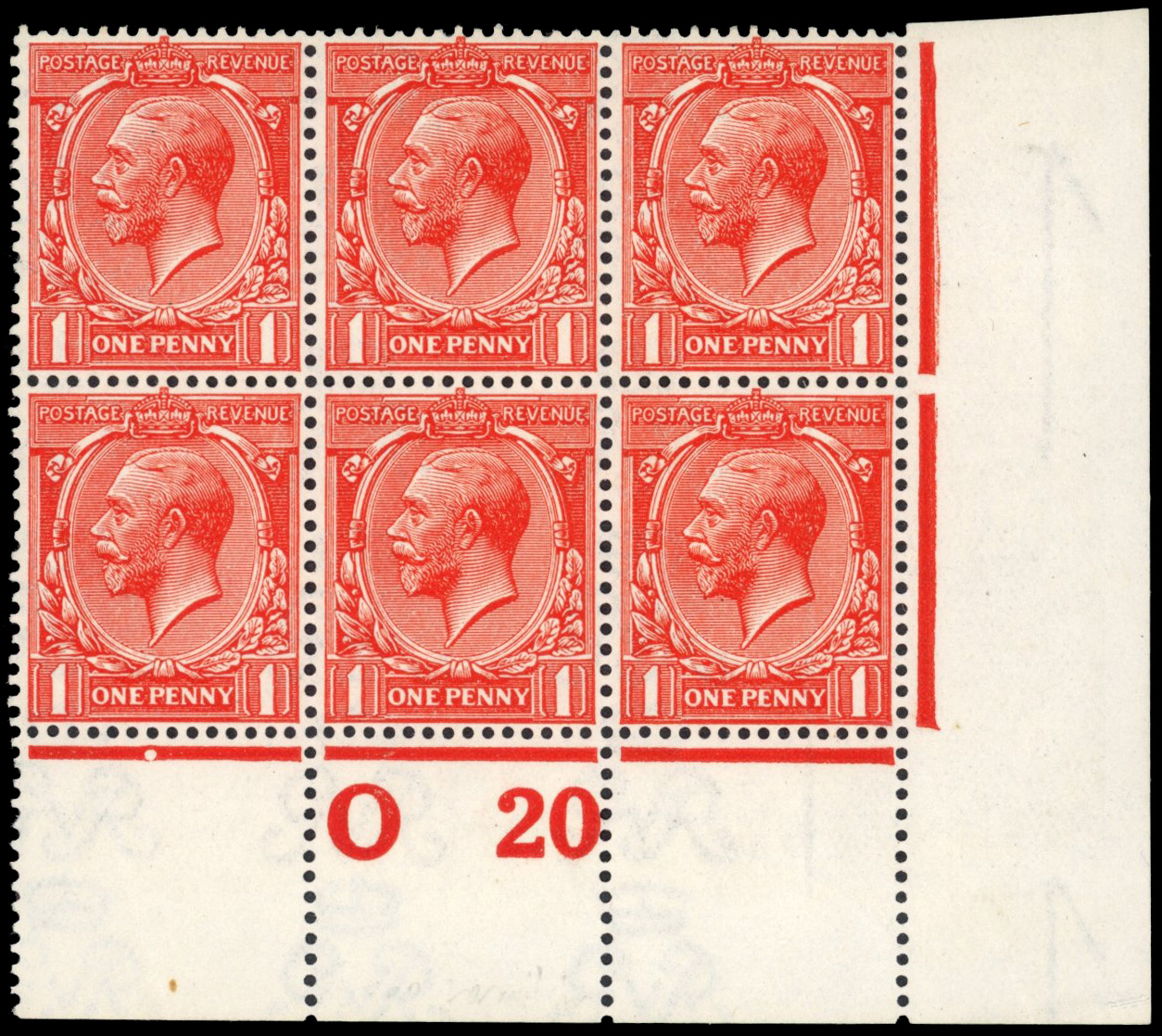 GB: 1912-24 1d deep bright vermilion, mint control O20 block of six