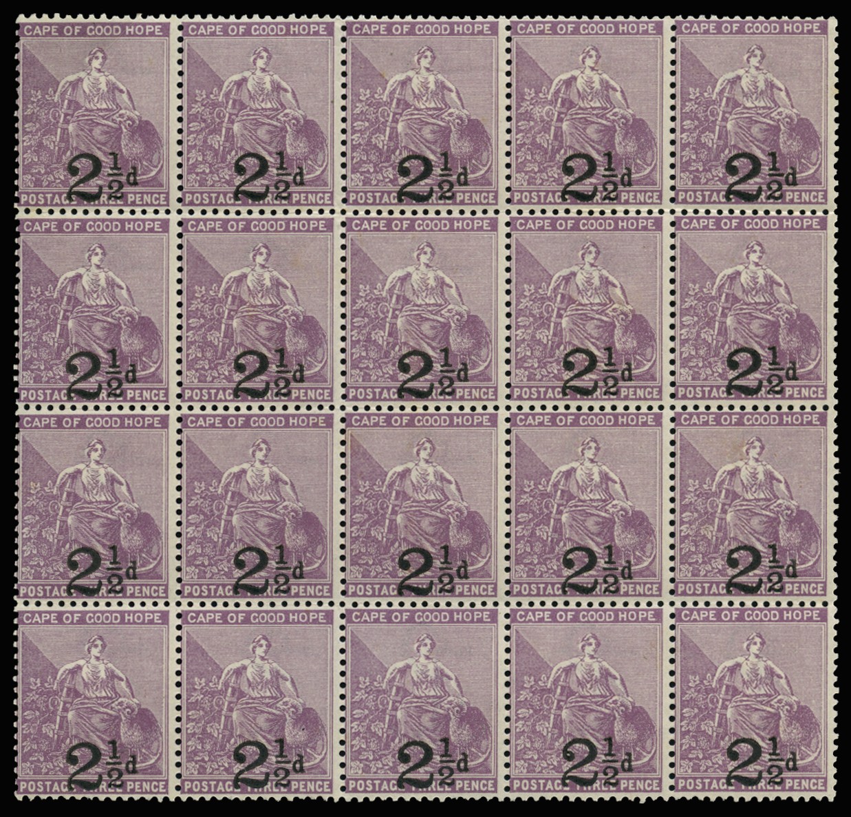 1891 2½d on 3d deep magenta, block of...