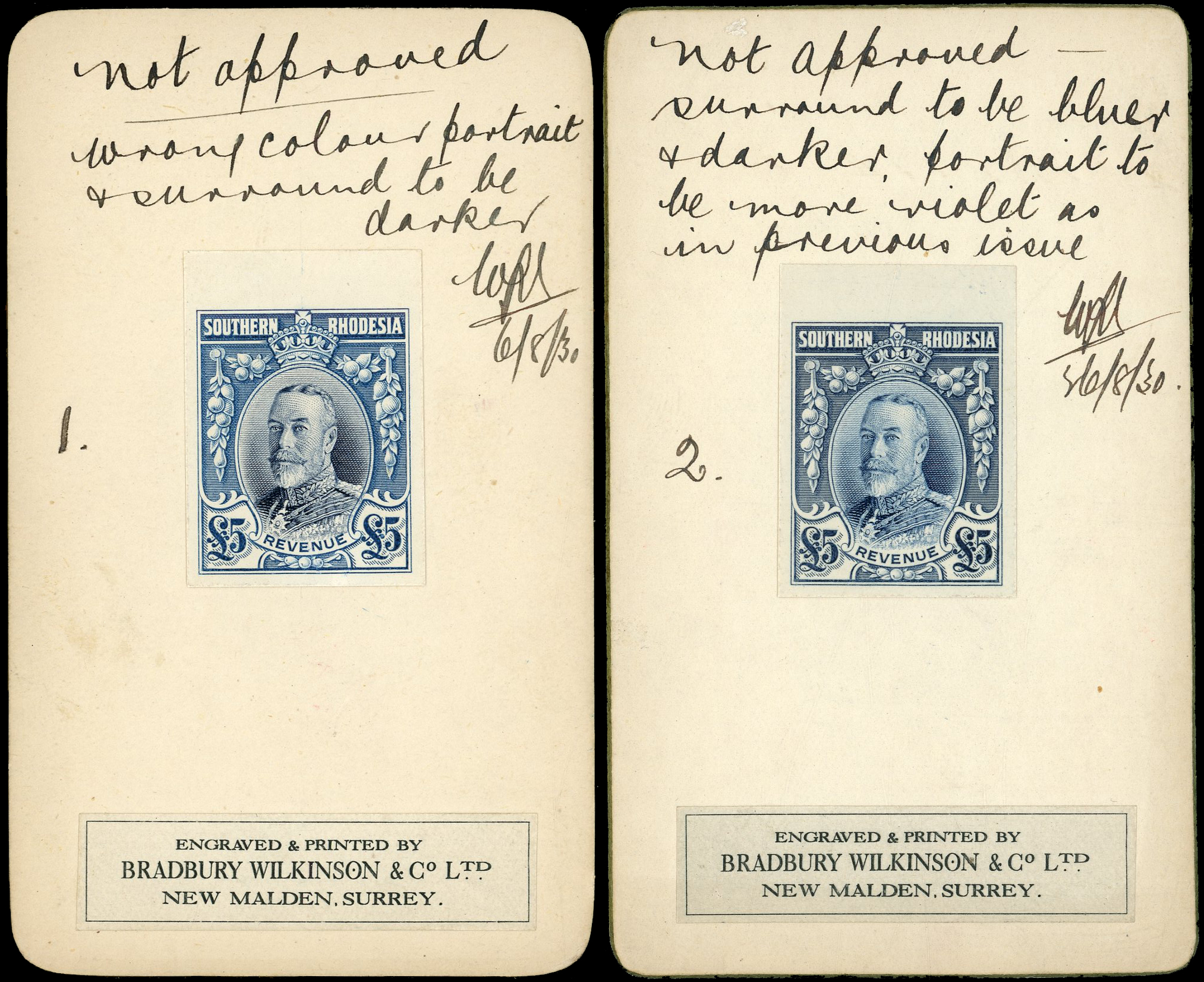 Southern Rhodesia Revenue 1930 pair of imperforate colour trials for the £5 blue