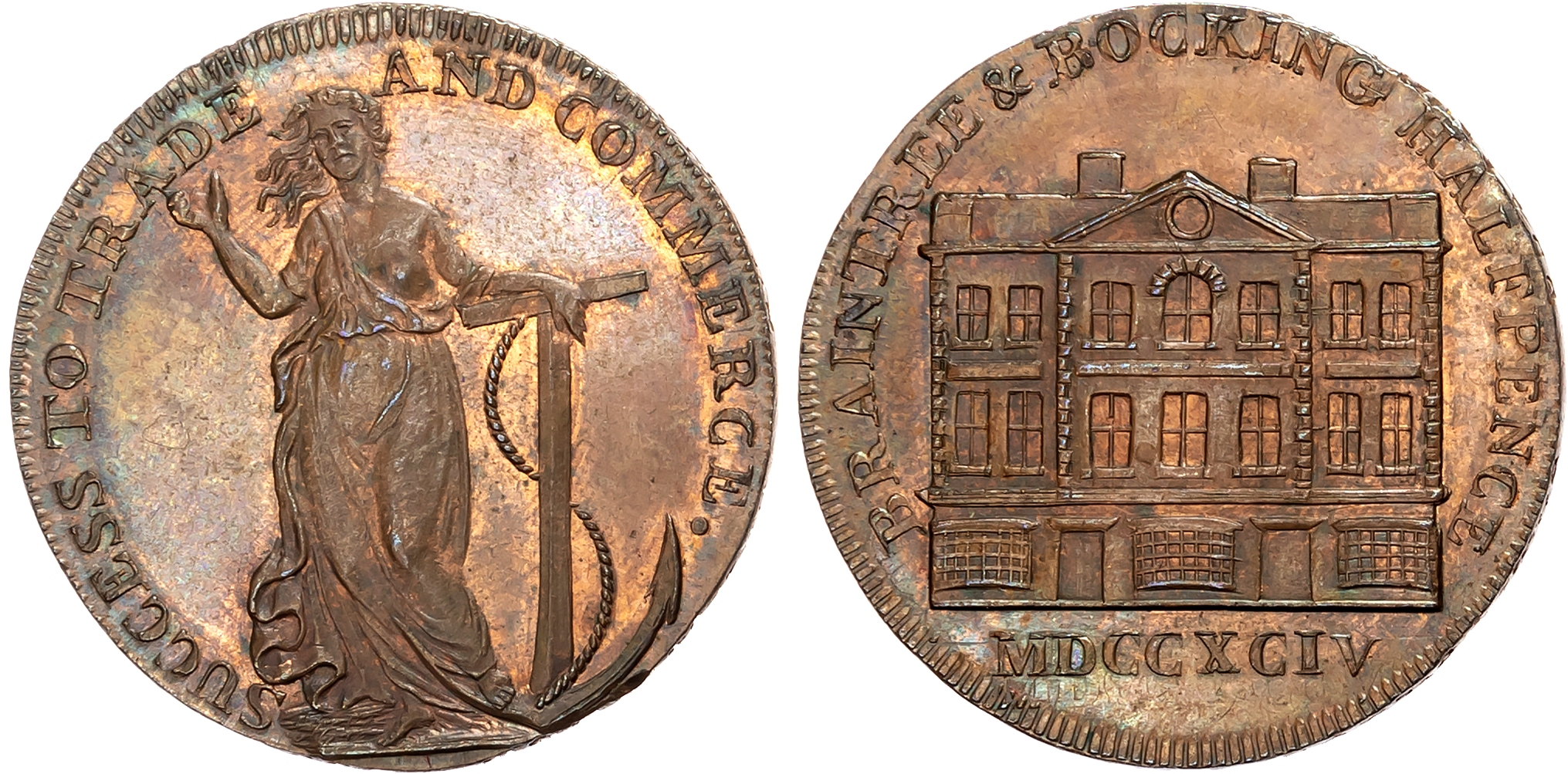 Essex, Braintree and Bocking, William Goldsmith Halfpenny 1794, Facade of Georgian building, rev . Hope standing with an …