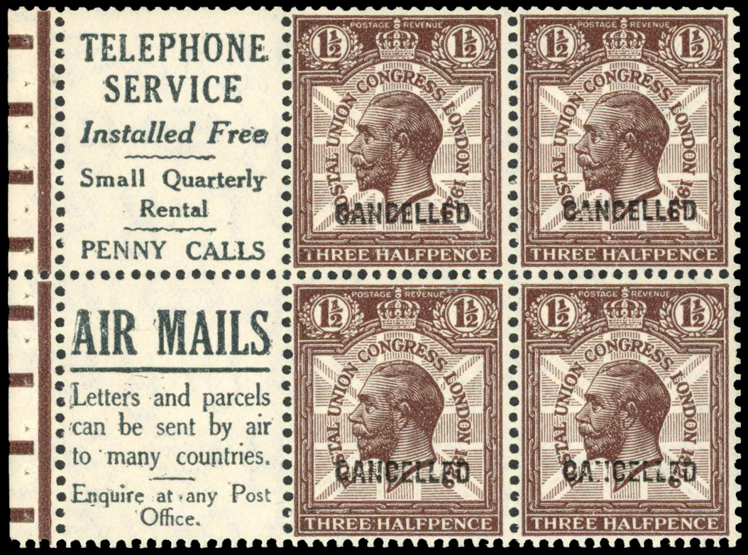 Great Britain 1929 PUC 1½d advert booklet pane optd CANCELLED SG 436b,var 