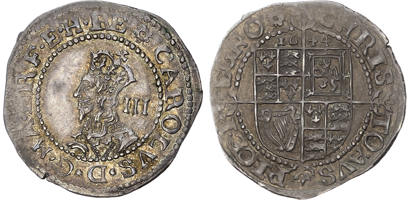 Charles I (1625-1649), Civil War Issues, AR Threepence 1644, Exeter mint, mm: rose. Crowned, draped bust left; III to ri…