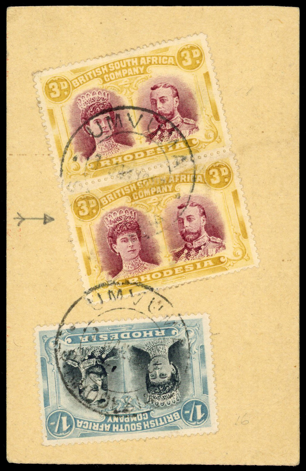 Rhodesia 1910-13 3d deep claret and pale yellow-ochre perf 15 pair used