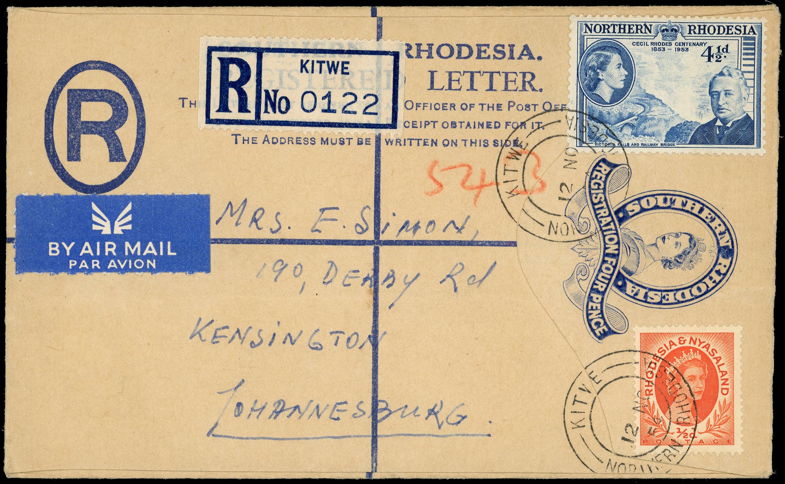 1954 registered postal stationery envelope used from Northern Rhodesia to Johannesburg