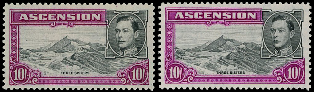 1944 and 1945 printings of the 10/- perf 13, respectively black and bright red-purple and grey-black and red-purple,...