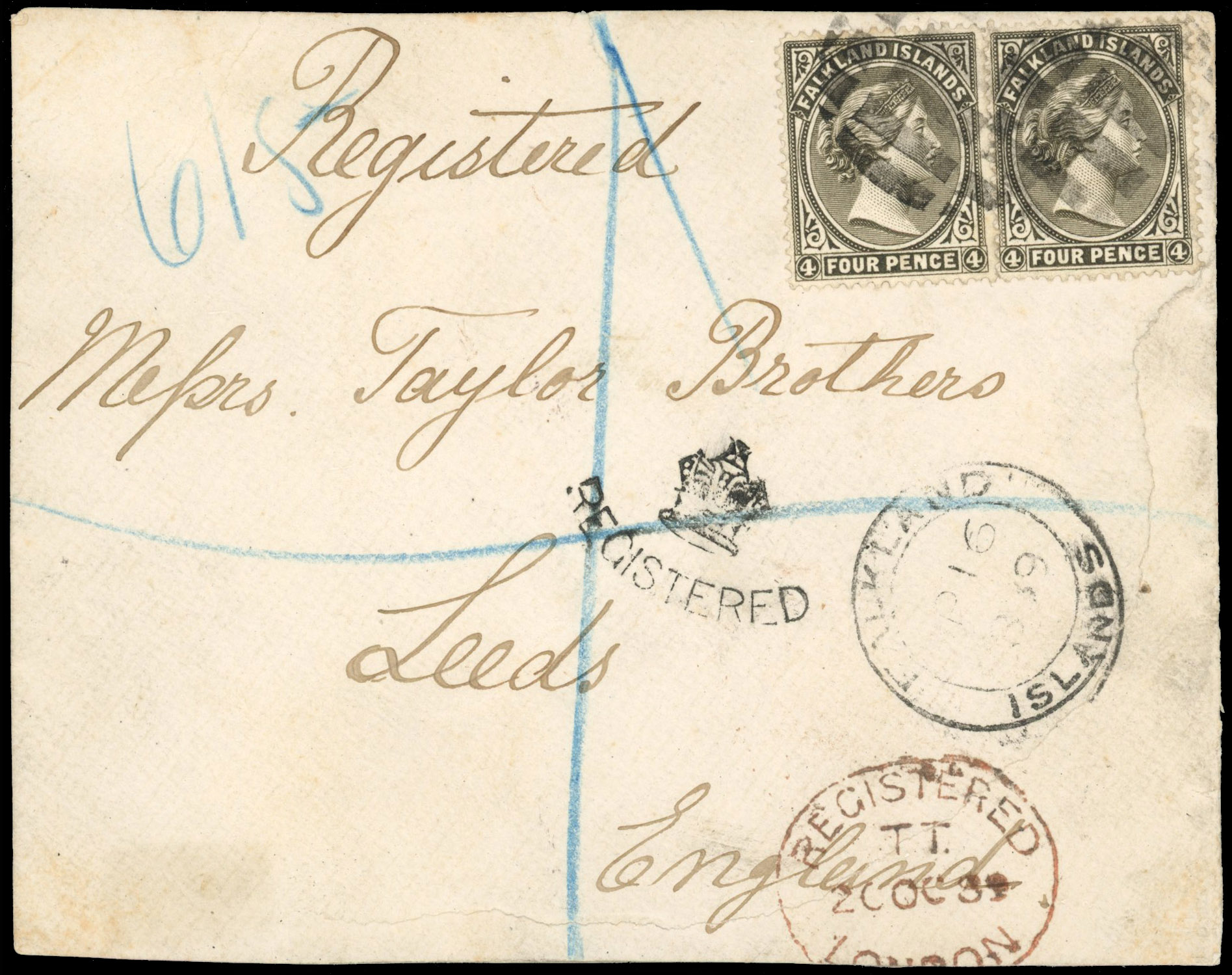 Falkland Is SG 10w 1887 4d sideways watermark pair on part cover