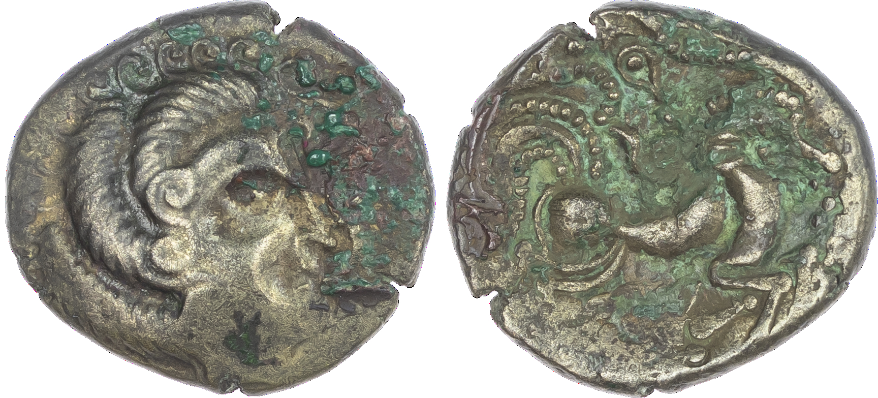 North West Gaul, Coriosolites (c. 100-50 BC) BI Stater, 6.40g. Stylised male head right, hair of large spiral curls. Rev.