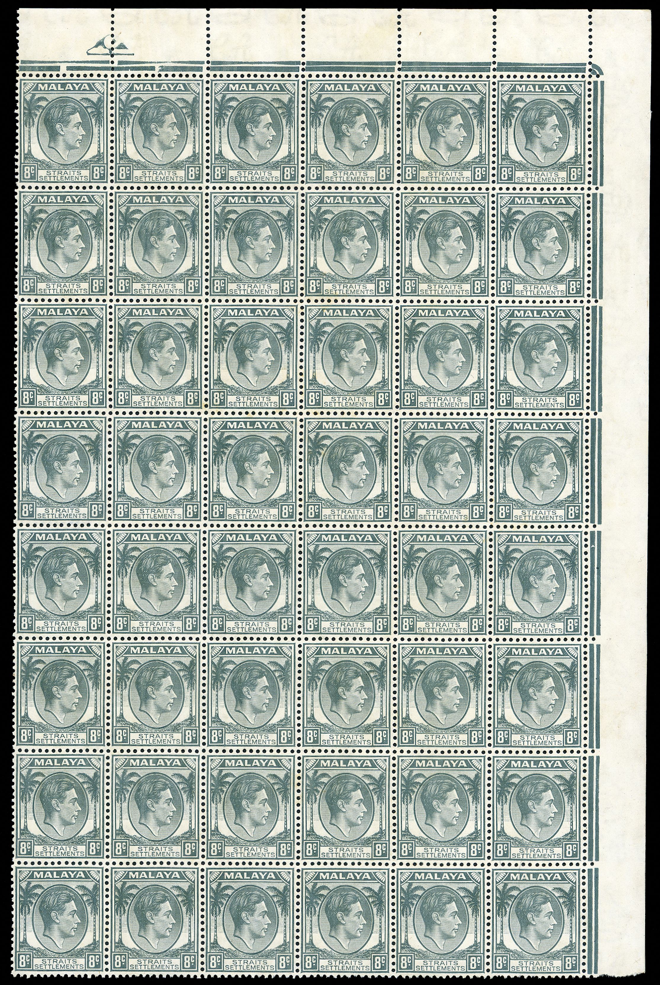 1938 8c grey u/r corner marginal block of 48 (6...